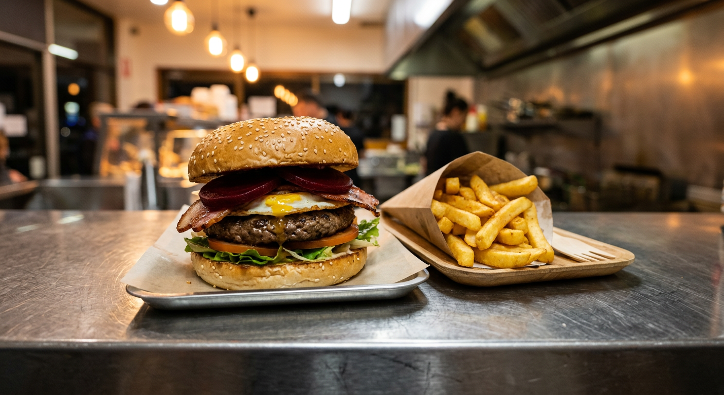 Traditional hamburger with the lot beside a paper cone of hot chips