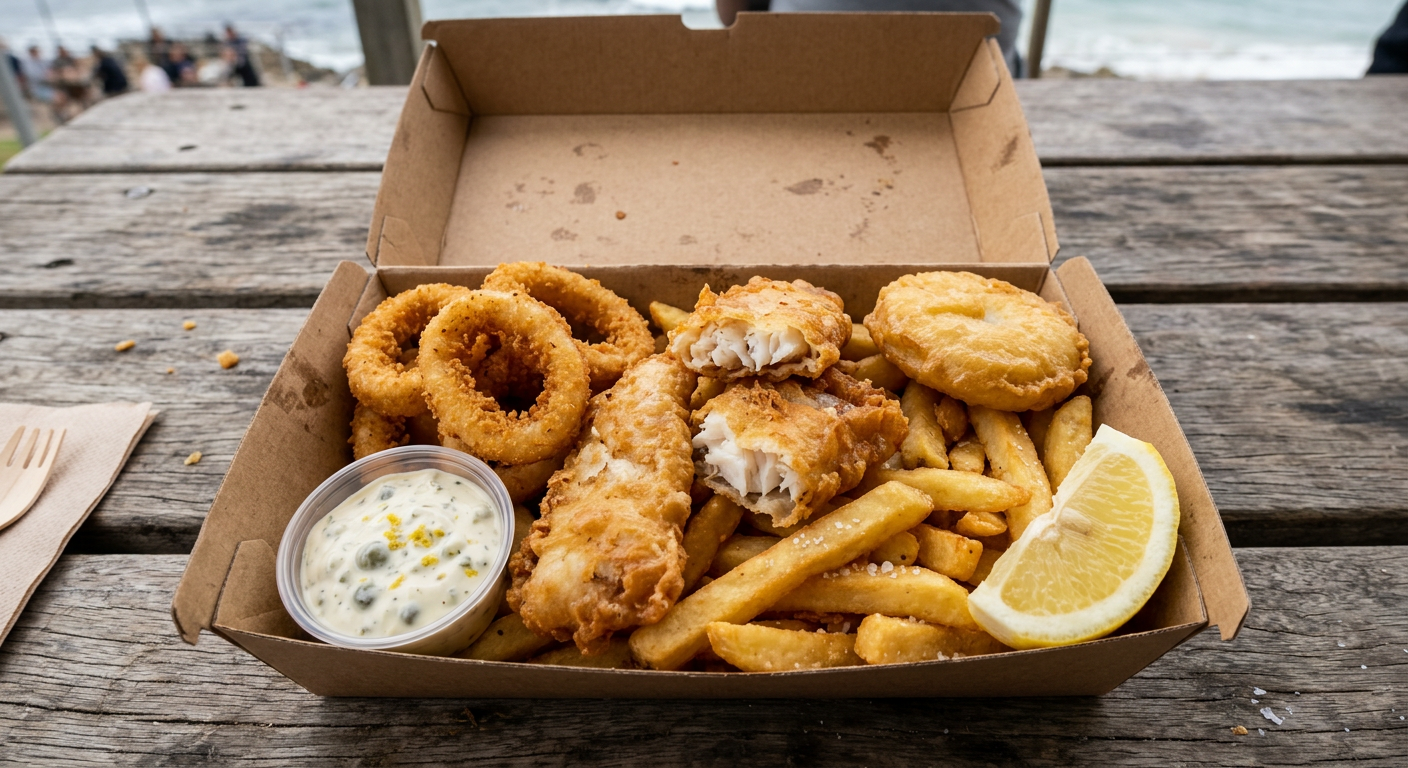 Takeaway box of crumbed calamari, potato scallops, battered fish and chips
